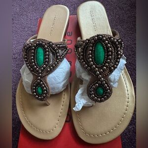 NWOT Ann Marino Flip Flop Style Flat Sandals Bejeweled Tan; size 10M